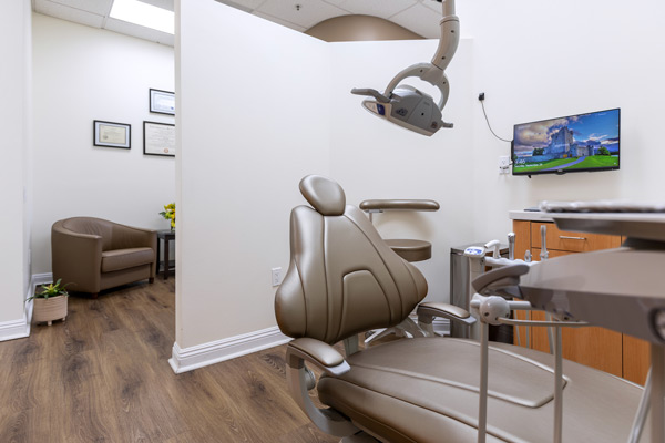 Exam room with dental chair at Higher Ground Dentistry in Upland, CA