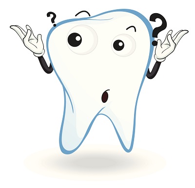 cartoon illustration of a tooth with a question about dental myths