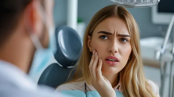 Concerned woman touching her cheek while discussing oral health symptoms with a dentist, highlighting dental fears.