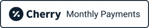 A rectangular button displays the Cherry logo, a percentage symbol in a dark circle, followed by the text Cherry Monthly Payments on a white background with a dark border.