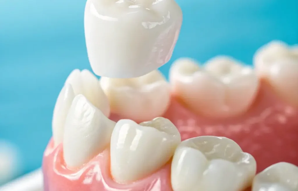 Dental crown being placed on tooth model showing crown fell off restoration process