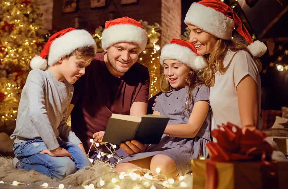 Happy family celebrating holidays with healthy smiles - dentist Upland CA cavity prevention tips for festive season