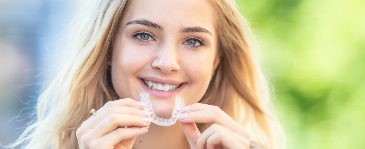 Smiling woman holding clear Invisalign aligner in front of her teeth outdoors