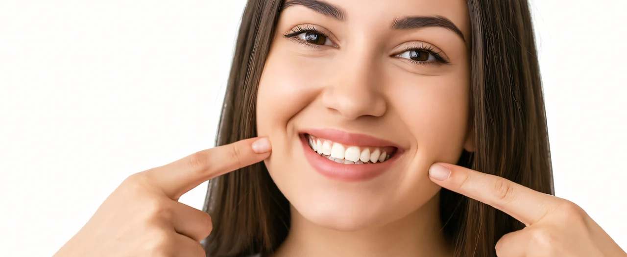 Smiling woman pointing to her white teeth with both index fingers on white background