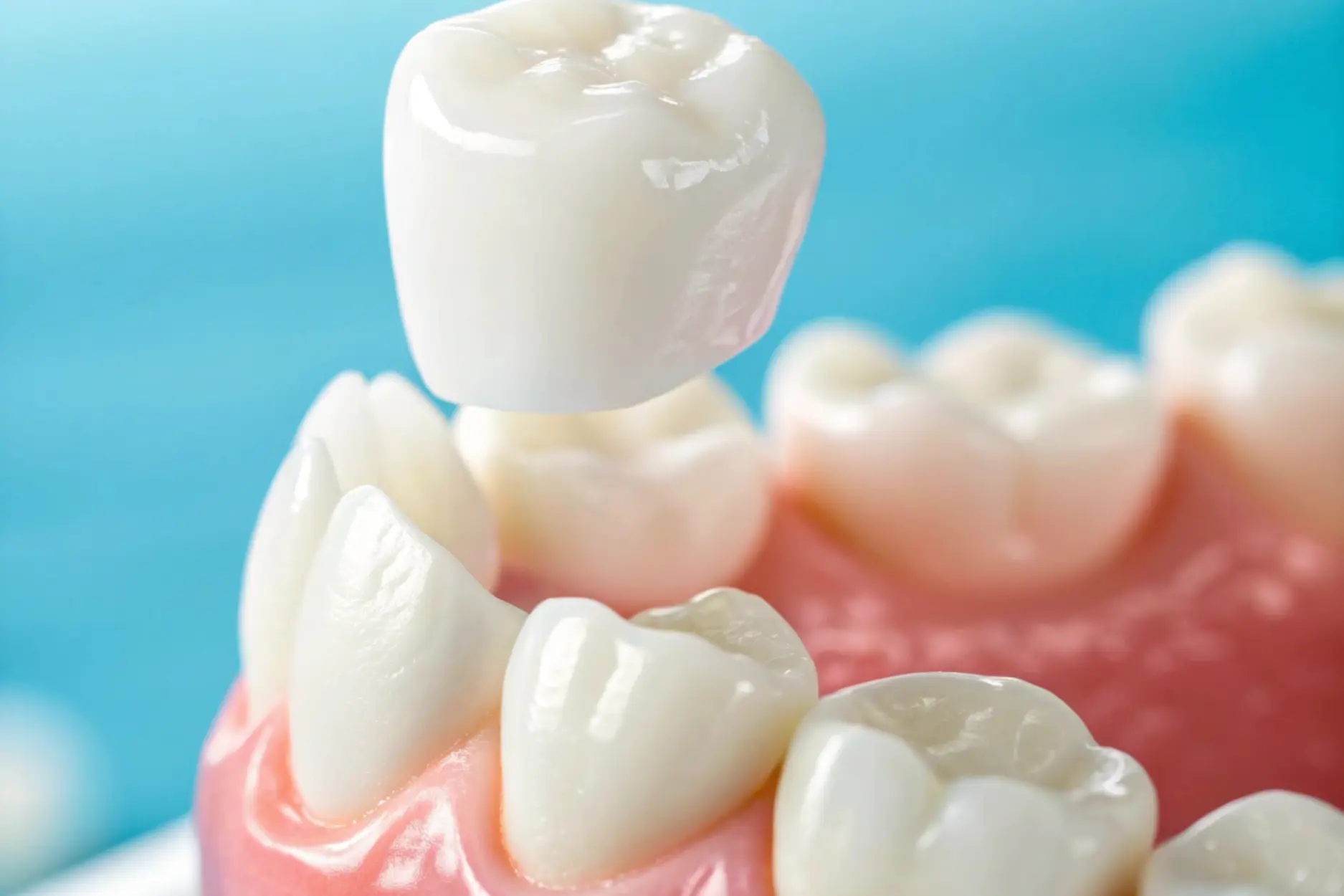 White dental crown positioned above model of teeth and gums showing crown placement