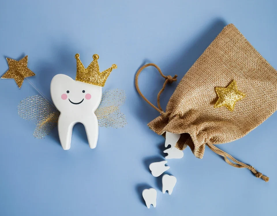 A fun, fairy-themed illustration of a winged tooth wearing a crown and carrying a leaky sack of lost teeth, celebrating Tooth Fairy Traditions for Kids.