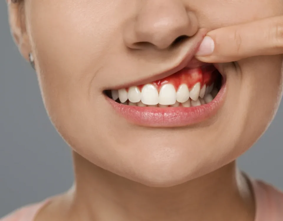 Woman pointing to inflamed red gums showing early signs of gum disease