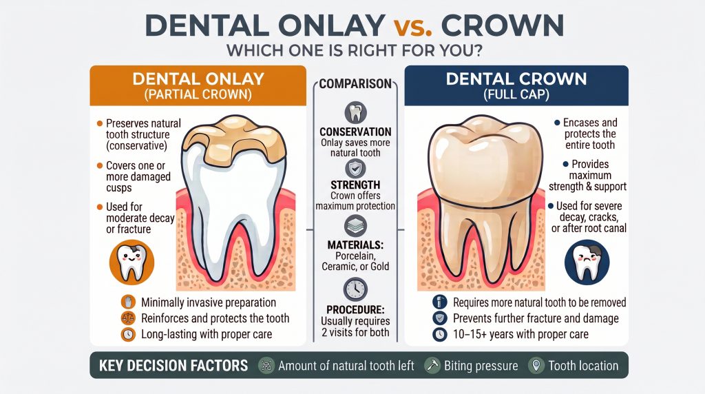 Dental onlay vs crown comparison infographic showing differences in coverage, strength, and materials — Higher Ground Dentistry Upland CA