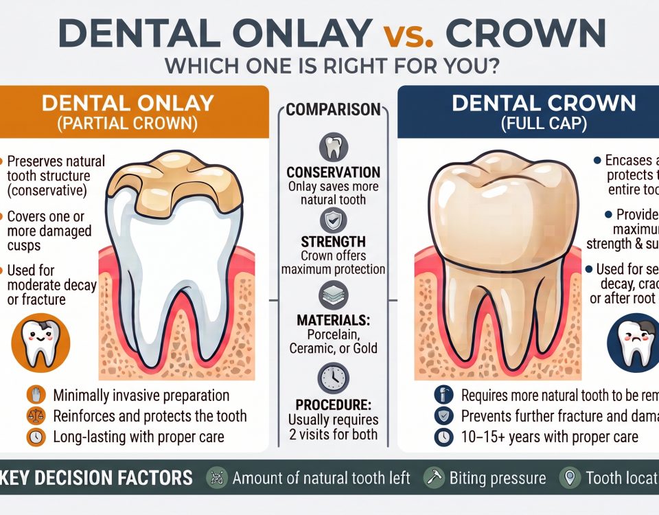 Dental onlay vs crown comparison infographic showing differences in coverage, strength, and materials — Higher Ground Dentistry Upland CA